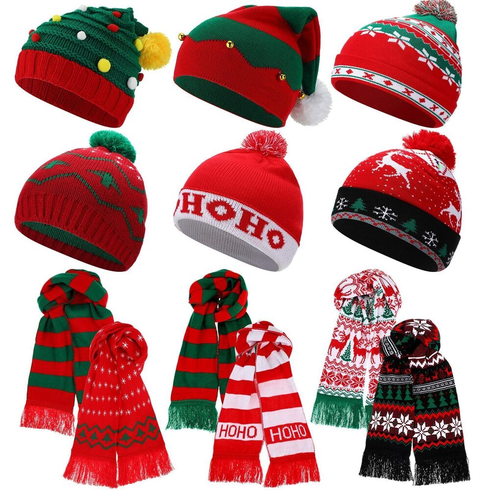 4542 12 Pcs Christmas Knitted Beanies and Scarf Set Xmas Santa Hat with Pom